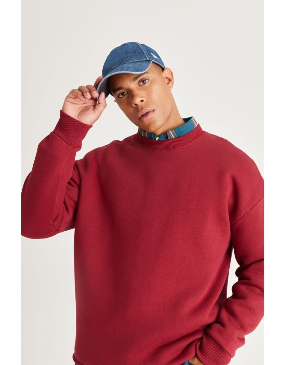 Men's Claret Red Oversize Loose Fit Fleece Inside 3 Threads Crew Neck Cotton Sweatshirt. - 4