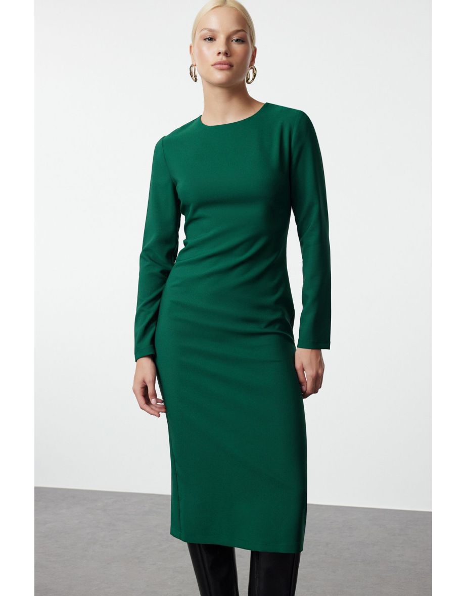 Shop Emerald Green Bodycon Midi Woven Dress Online in Oman VogaCloset