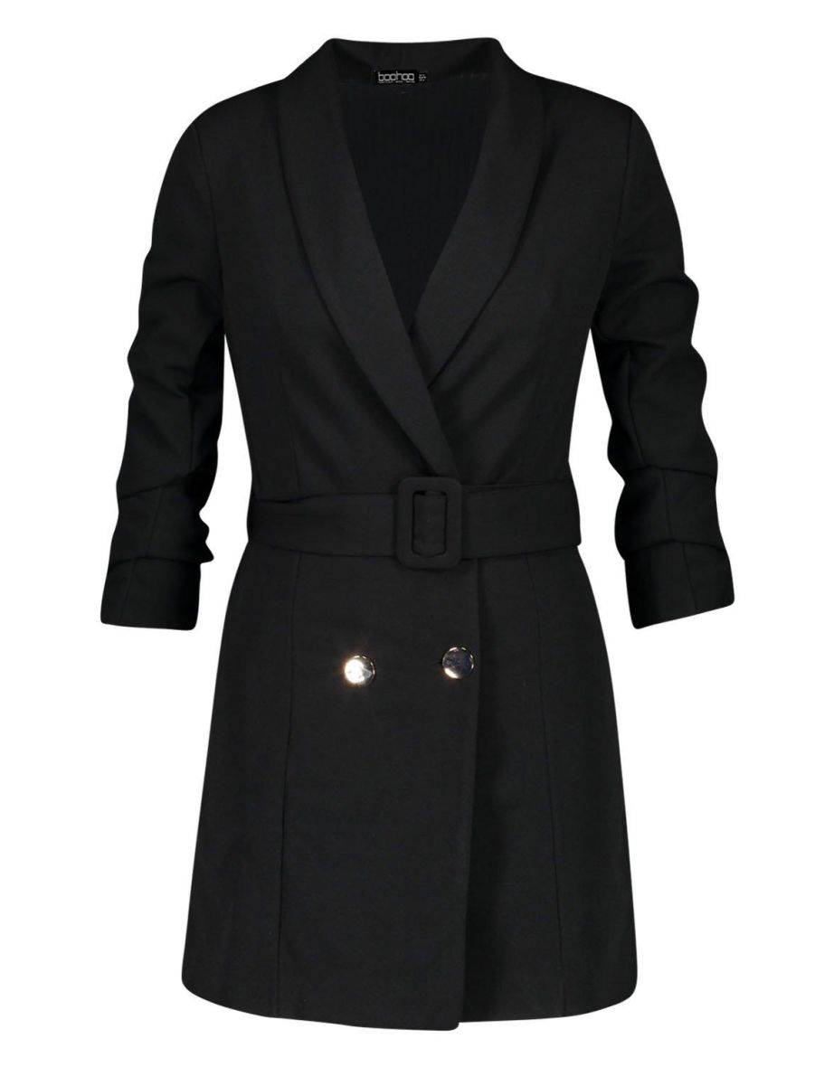 Petite Self Belt Button Blazer Dress - black - 1