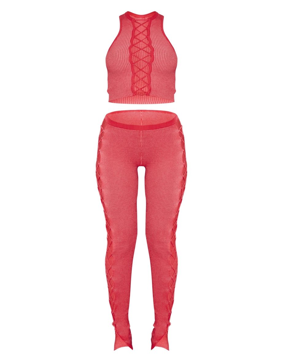 Red Two Tone Lace Up Top & Legging Set - 4