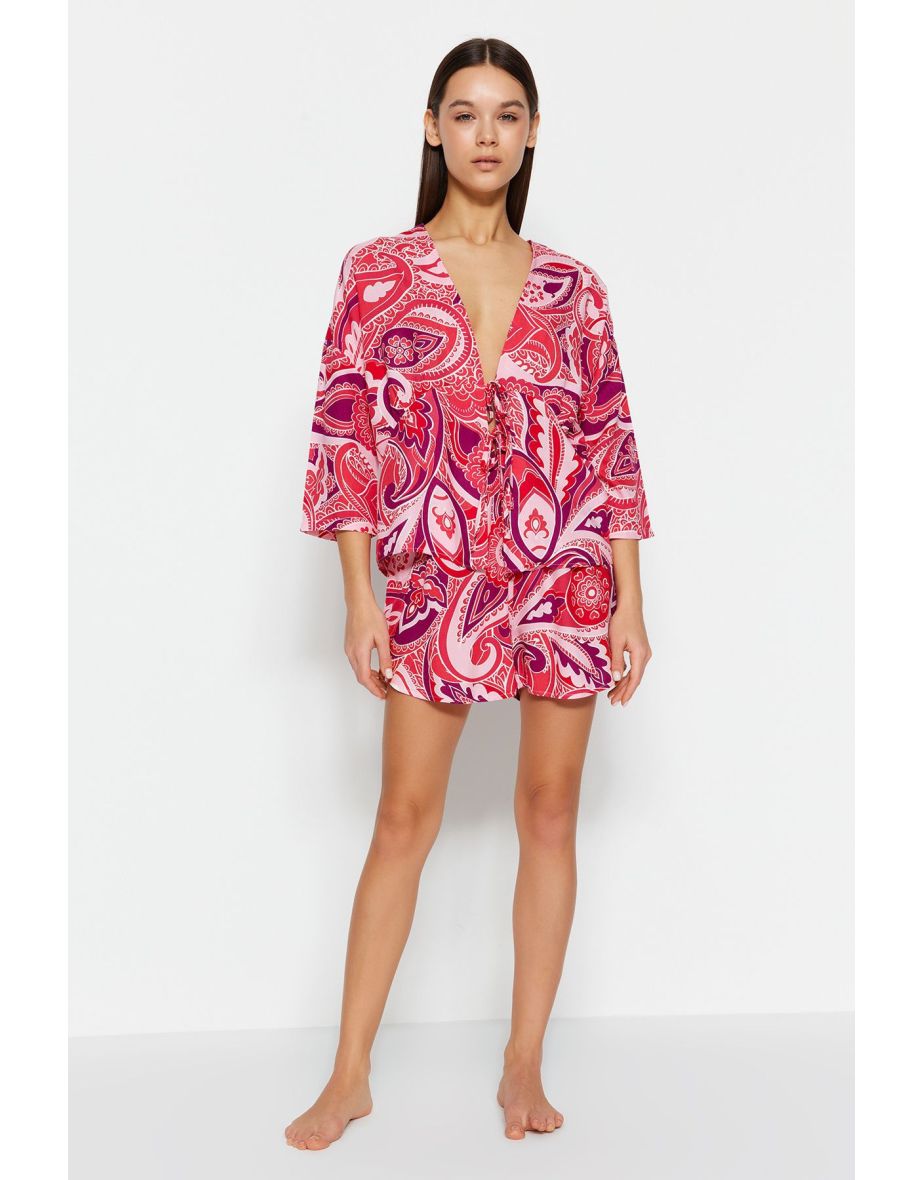Fuchsia Patterned Tie/Ribbon/Bow Detailed Viscose Woven Pajama Set