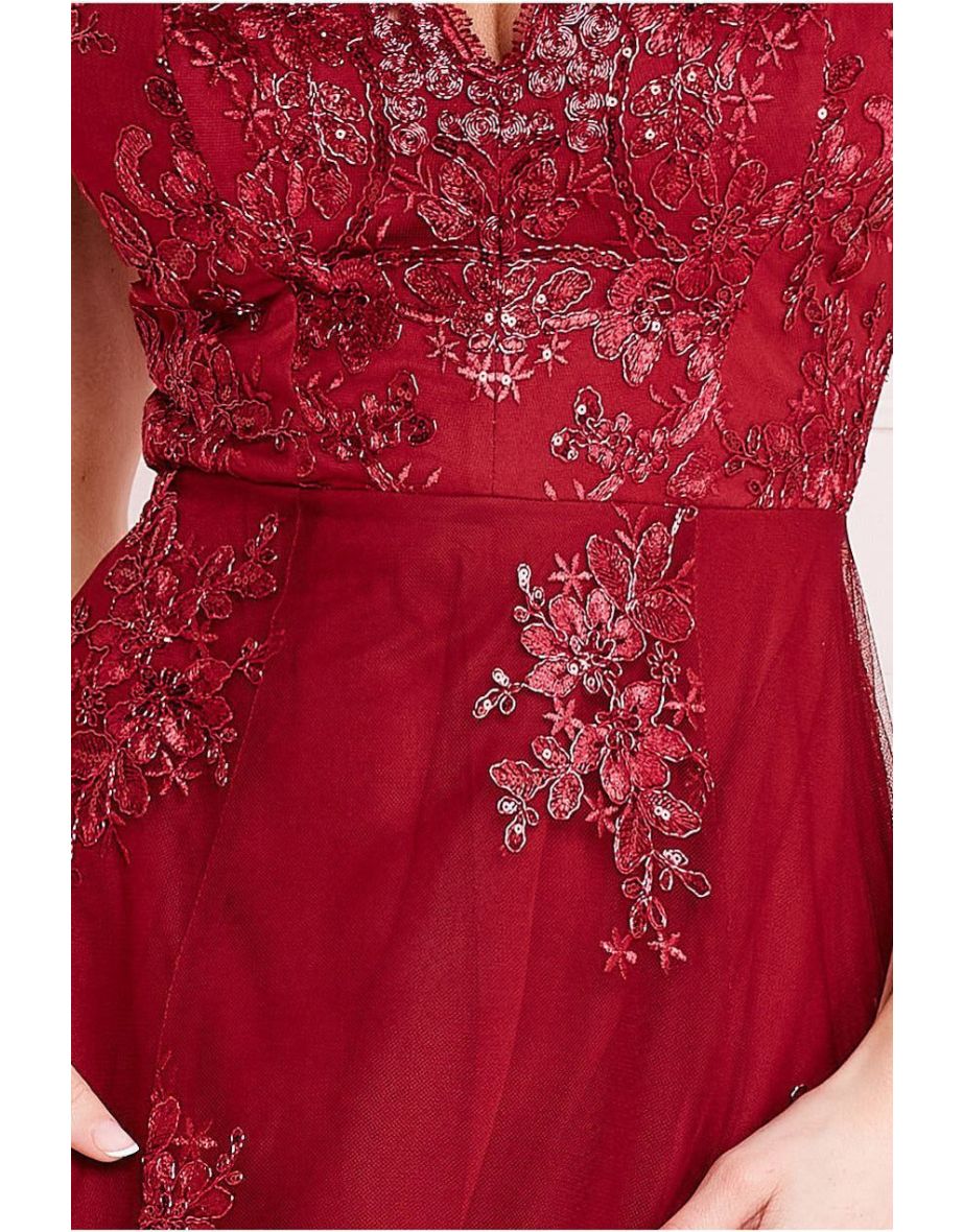 Goddiva High Low Scalloped Midi Dress - Burgundy - 3