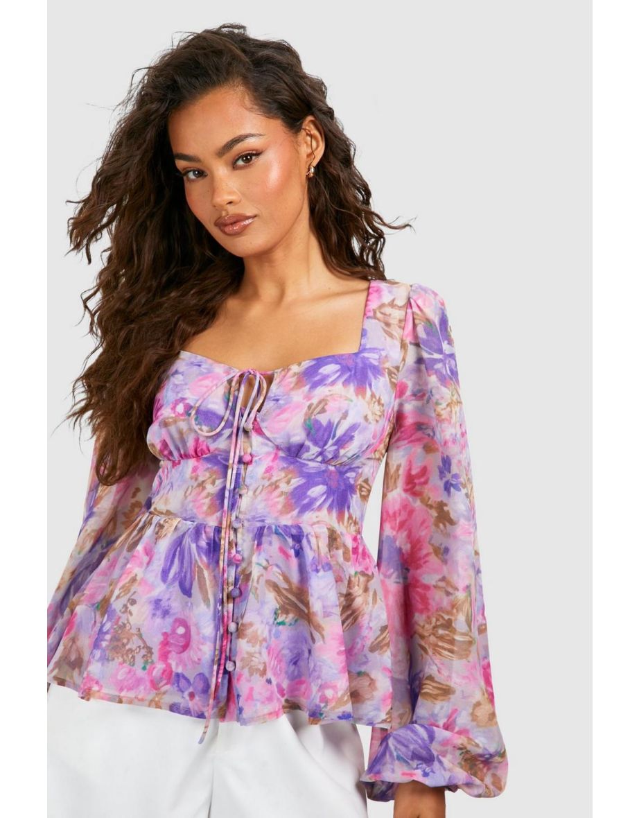 Floral Chiffon Balloon Sleeve Blouse - purple - 3