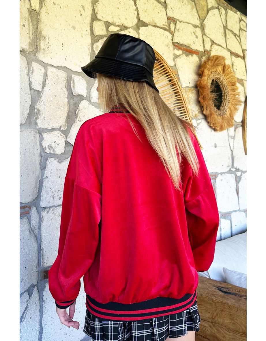 Women's Red W Embroidered Ribbed Corduroy Bomber Jacket - 4