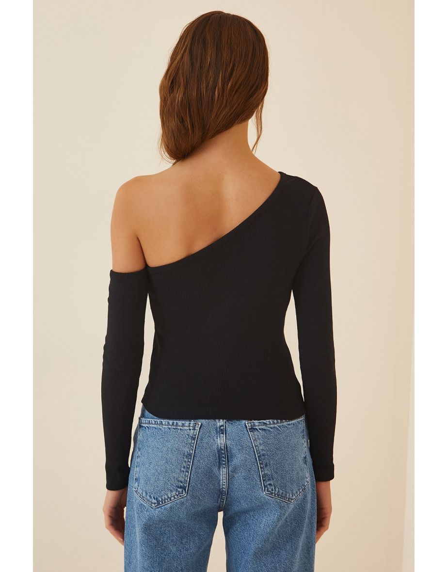 Women's Black and White Open Shoulder Corduroy 2 Pieces Knitted Blouse - 4