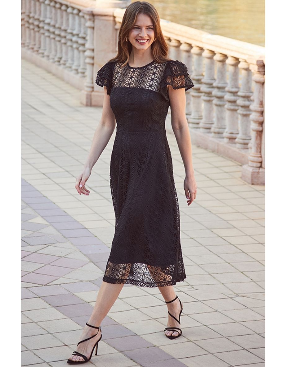 Black Broderie Lace Flutter Sleeve Fit & Flare Midi Dress