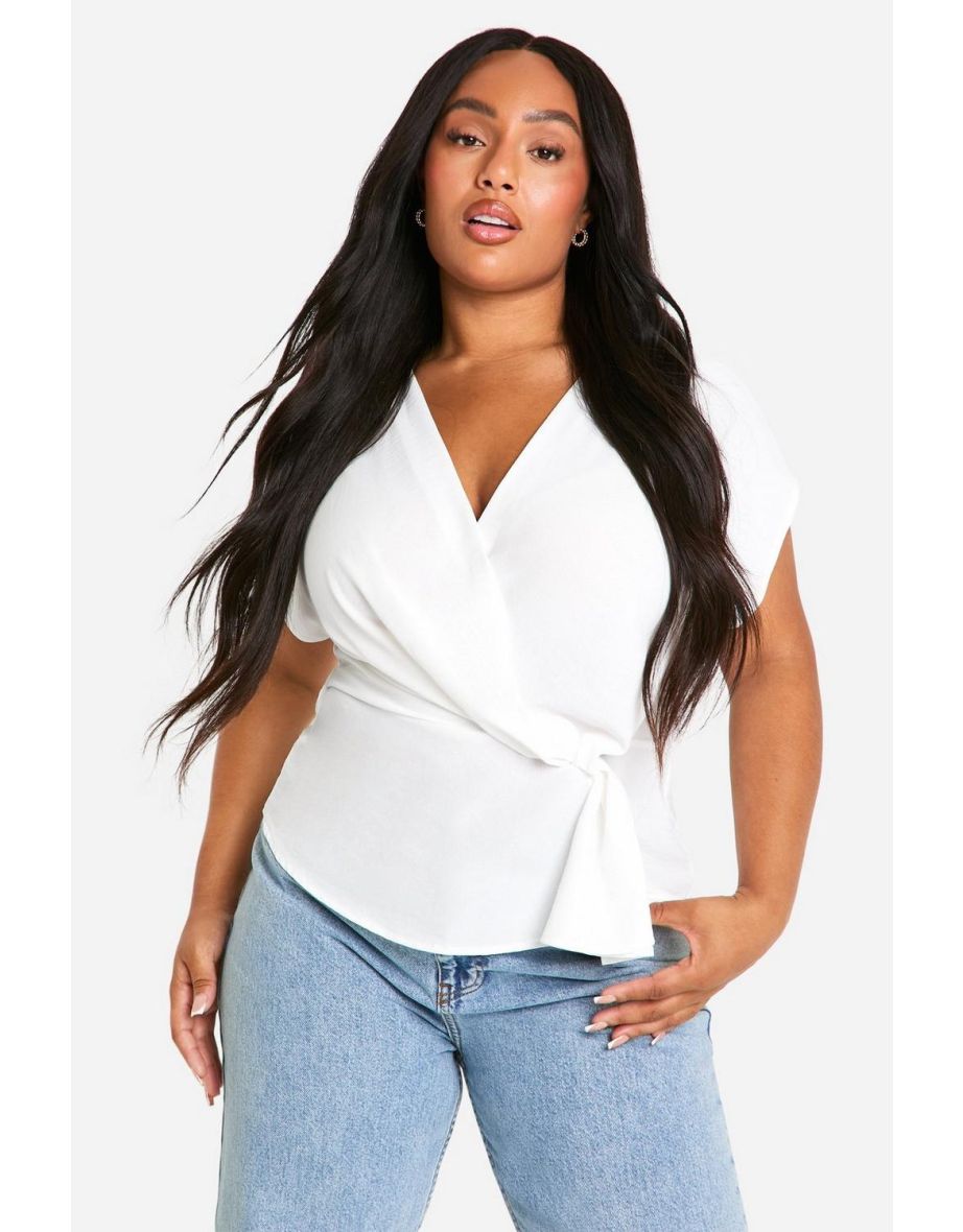 Plus Hammered Wrap Knot Front Blouse - ivory