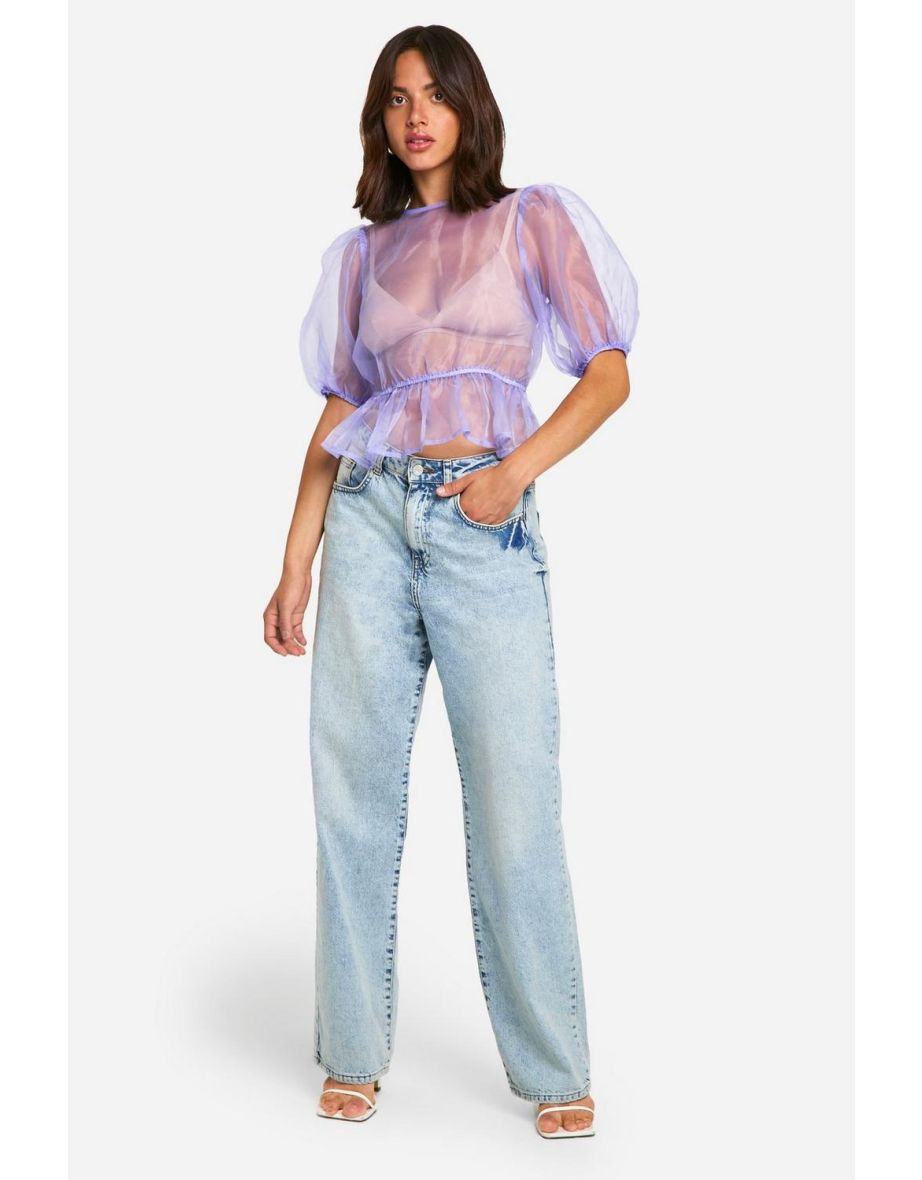Organza Tie Back Puff Sleeve Top - powder blue