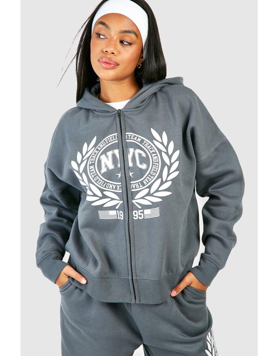 Nyc Printed Zip Up Hoodie And Wide Leg Jogger Tracksuit - charcoal - 3