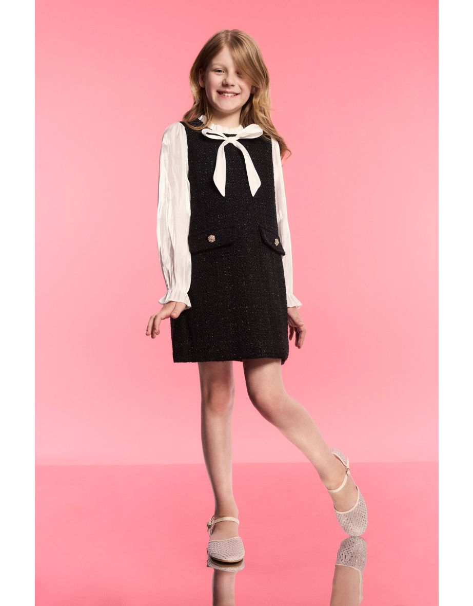 Girls Ruffle Collar Tweed Dress in Black