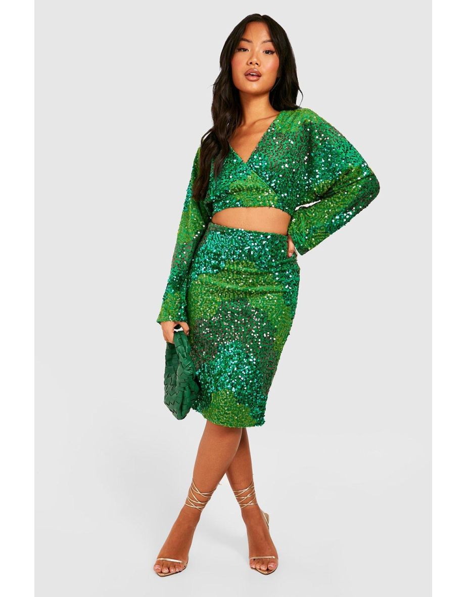 Green singed Sequin Midi Skirt
