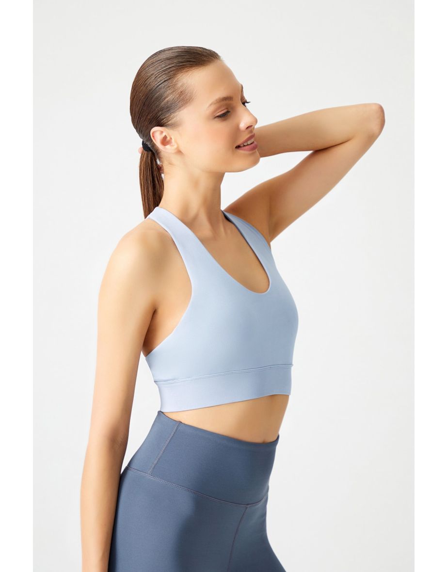 Blue Gray Supported Back Detailed Covered Sports Bra Strappy Back - 5