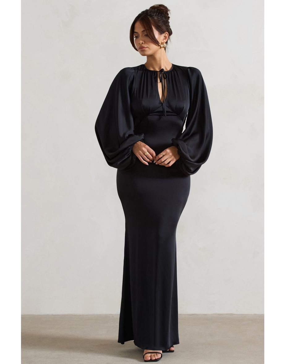 Wild Rose | Black Satin Puff-Sleeve Cut-Out Maxi Dress - 4