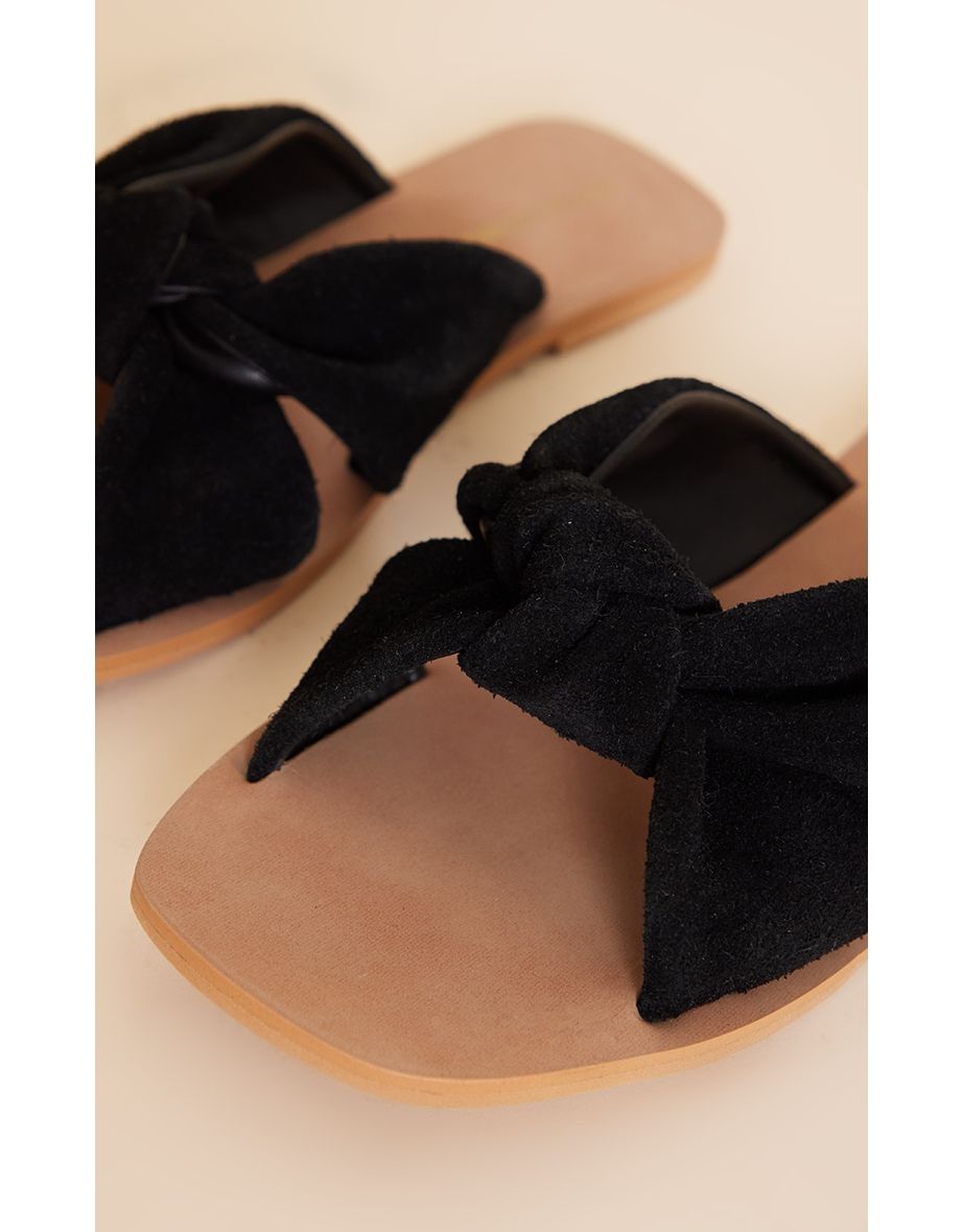 Black Square Toe Suede Leather Twisted Knot Mule Sandals - 2
