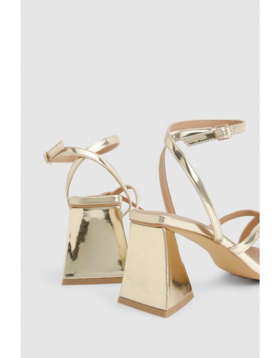 Metallic Flared Heel Crossover Sandals - gold - 3