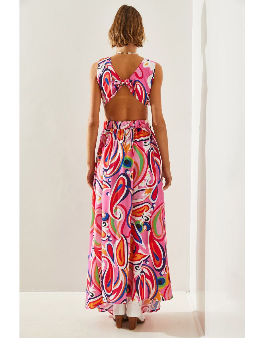 Women's Backless Kilos Cut Halter Neck Patterned Slit Detail Dress - 5