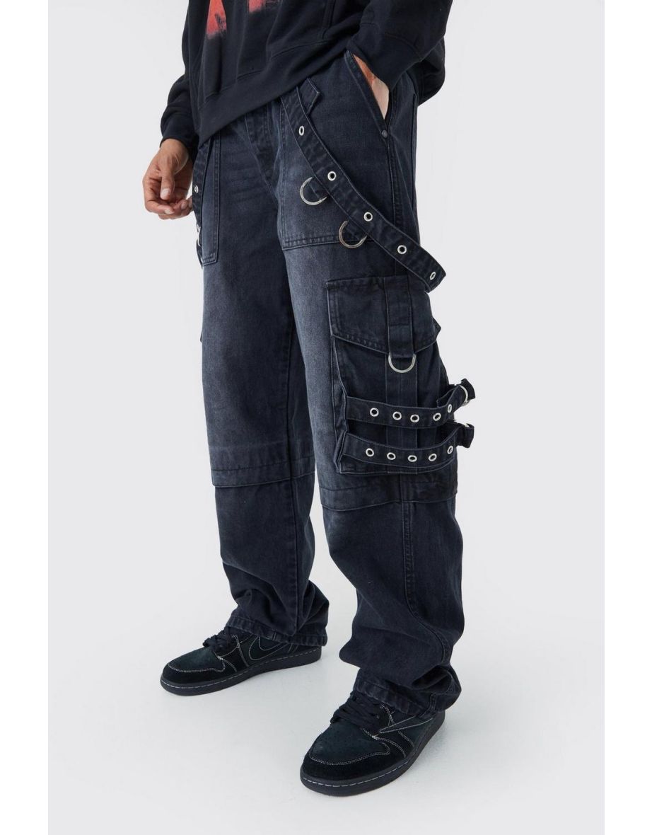 Baggy Rigid Cargo Strap Jeans In Washed Black