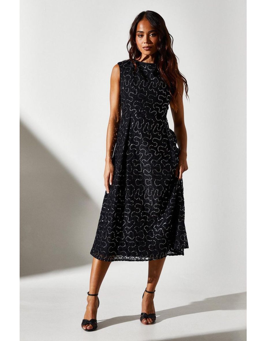 Petite Sequin Lace Printed Fit & Flare Midi Dress