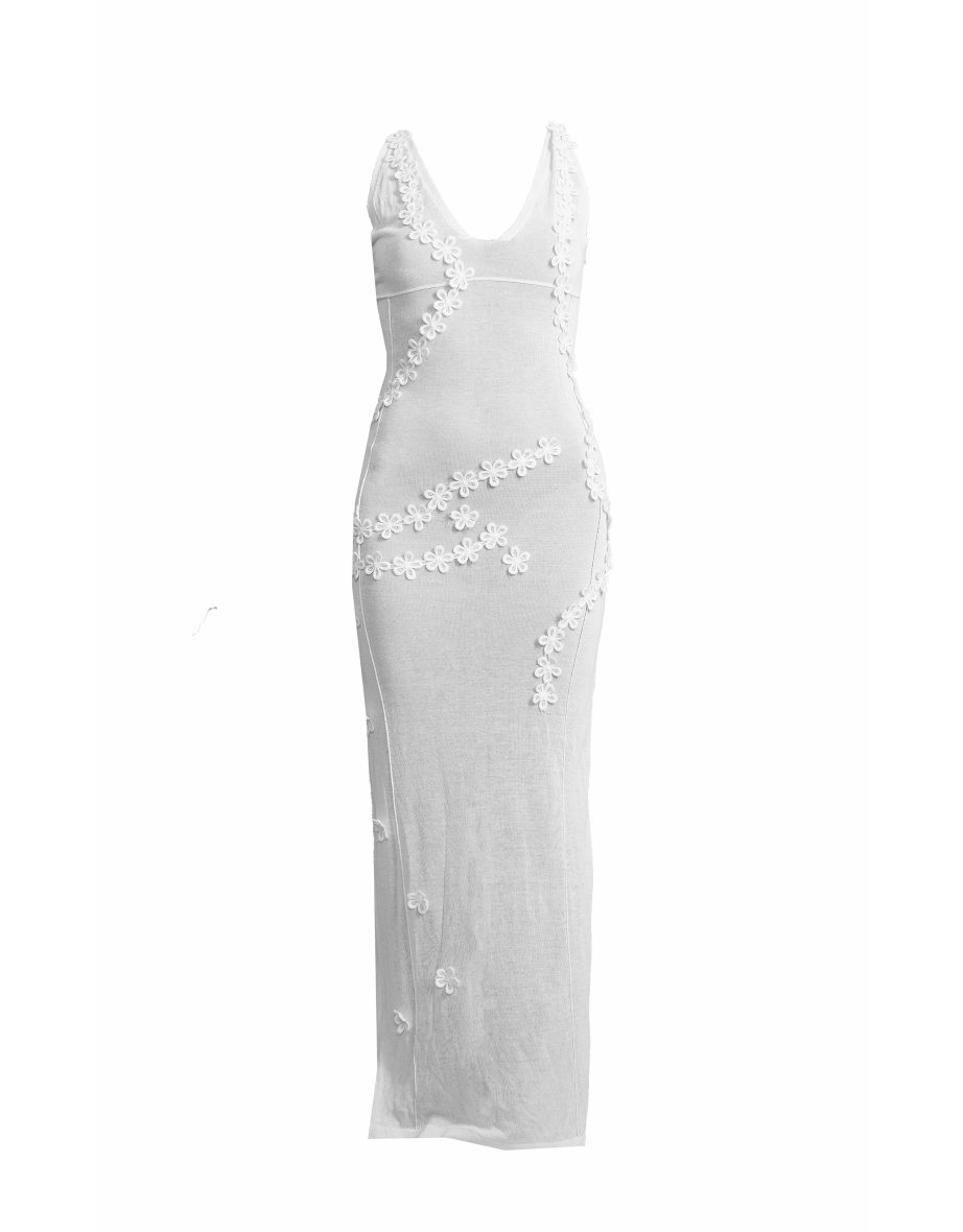 White Flower Applique Sheer Maxi Dress - 4
