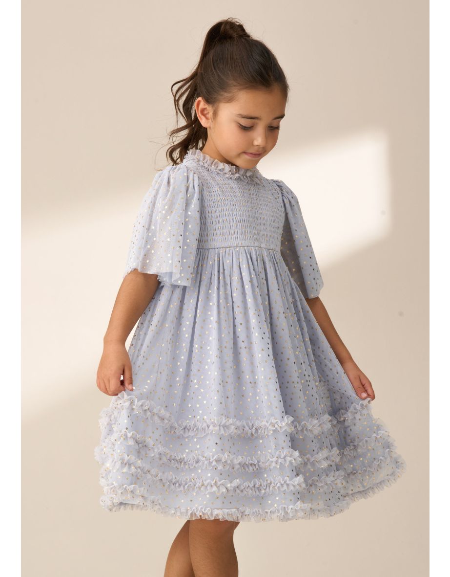 Xeni Blue Foil Print Mesh Dress