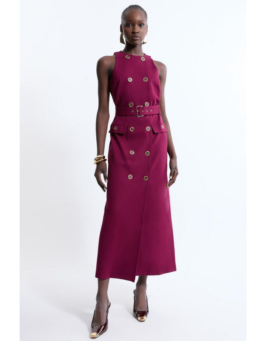 Ponte Button Detail Belted Midaxi Dress