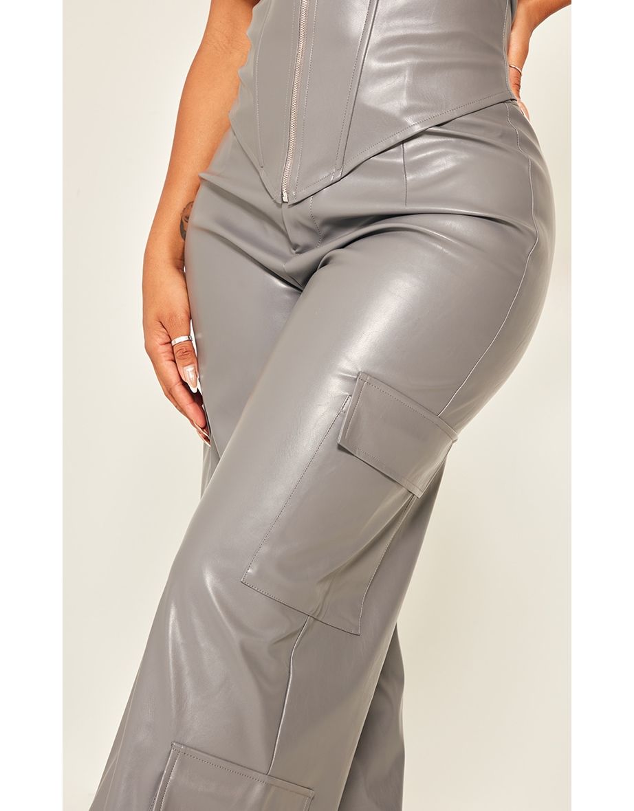 Shape Charcoal Faux Leather Straight Leg Cargo Trousers - 3
