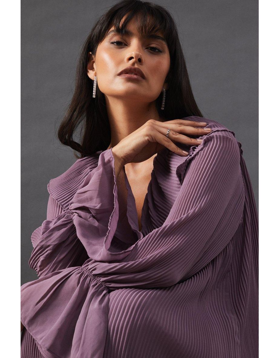Pleated Chiffon V Neck Mini Swing Dress - 3