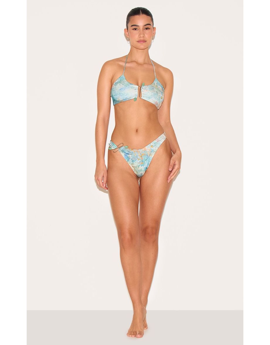 Green Mottled Print Silver Trim Bikini Top