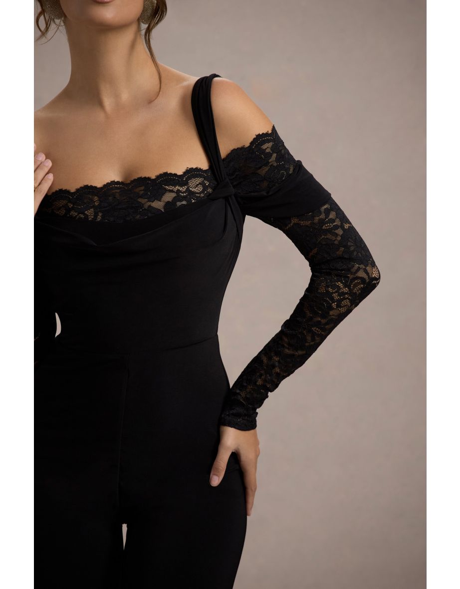 Palmira | Black Wide-Leg Jumpsuit With Lace Sleeves - 5