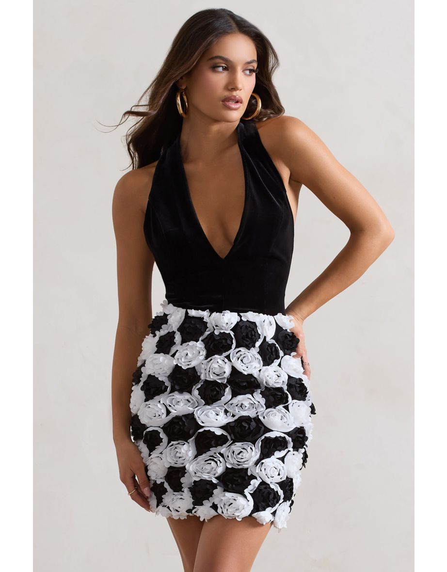 Serenade | Black & White Plunge Halter-Neck Mini Dress With Flowers