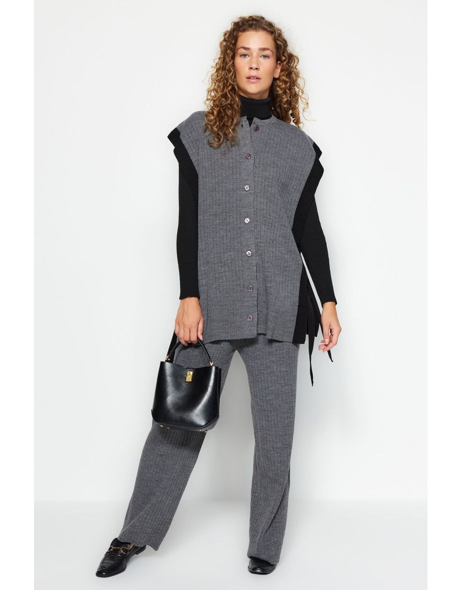 Anthracite Color Block Slit Detailed Vest-Pants