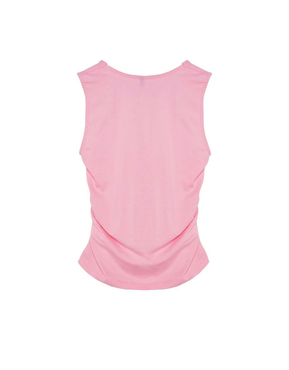 Pink Plain Square Neck Strap Gathered Knitted Top - 6