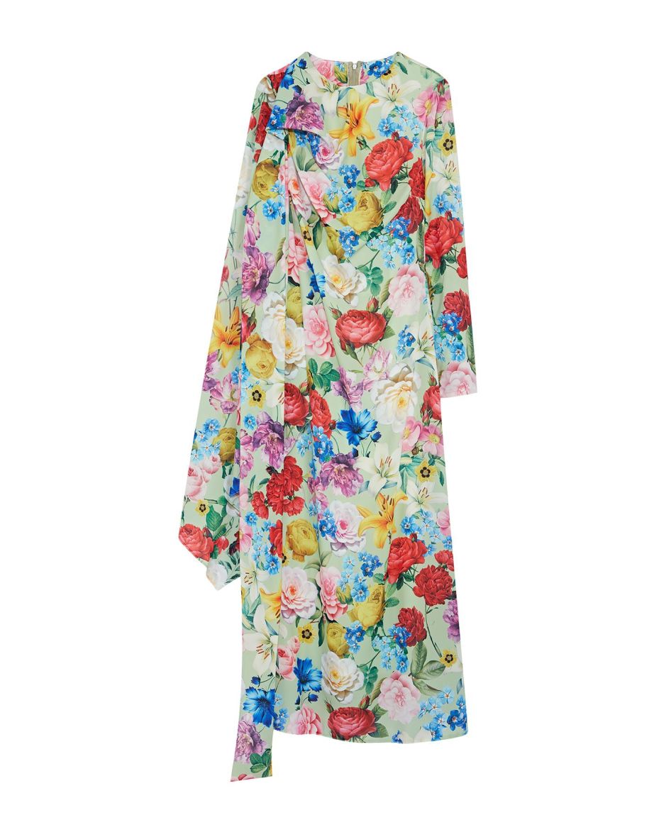 Green Shawl Collar Floral Patterned Woven Evening Dress - 6