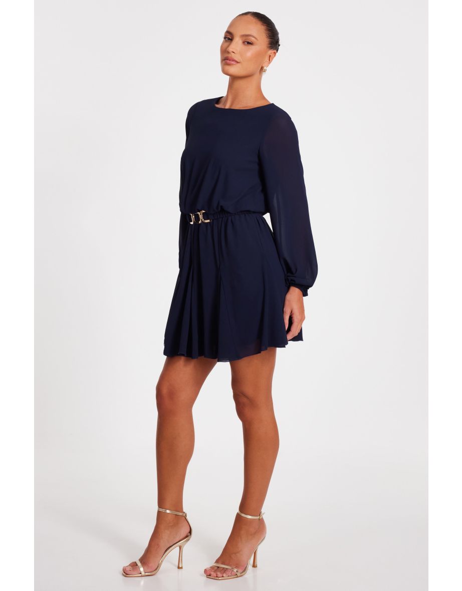 Navy Chiffon Long Sleeve Skater Dress