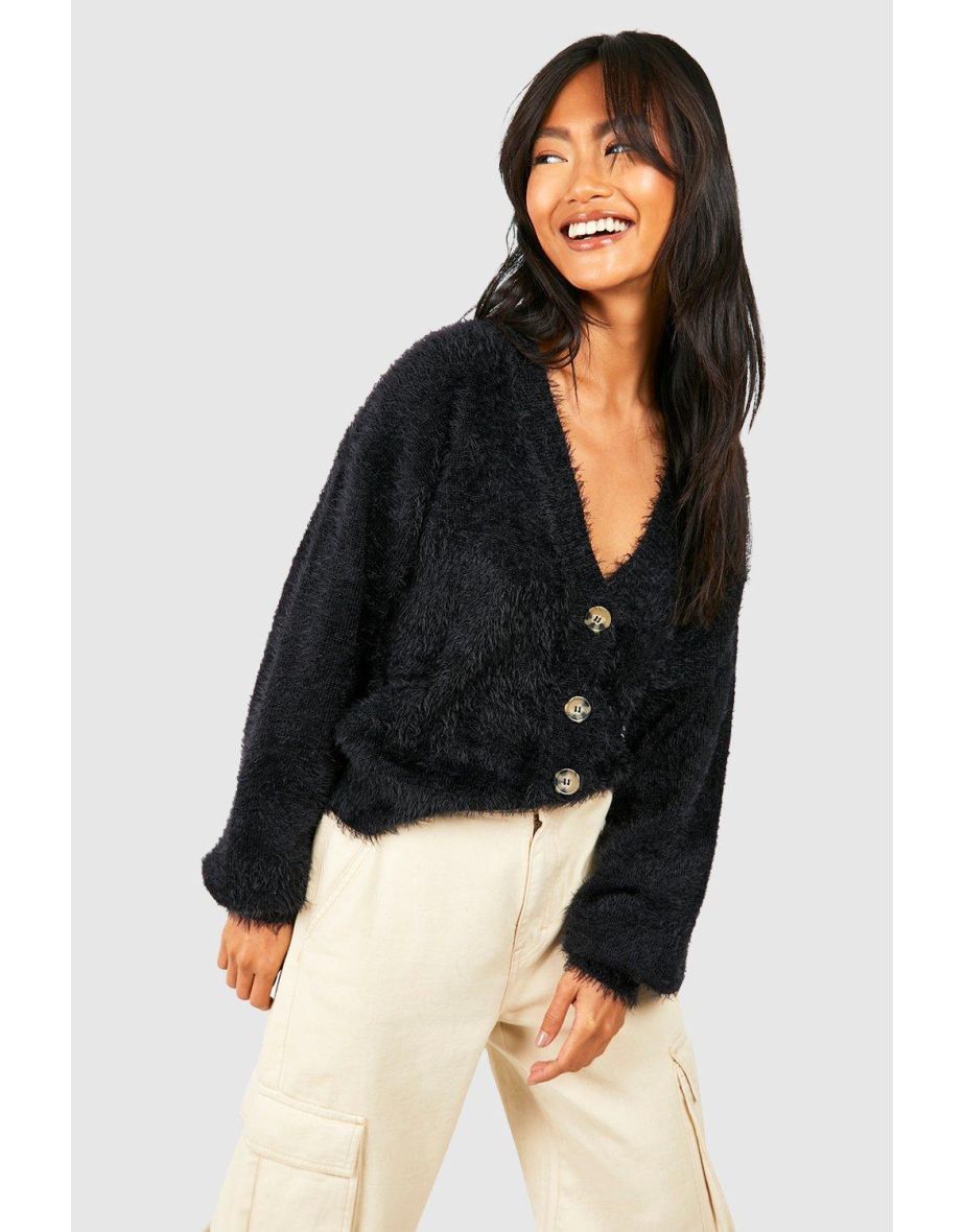 Black fluffy 2025 cropped cardigan