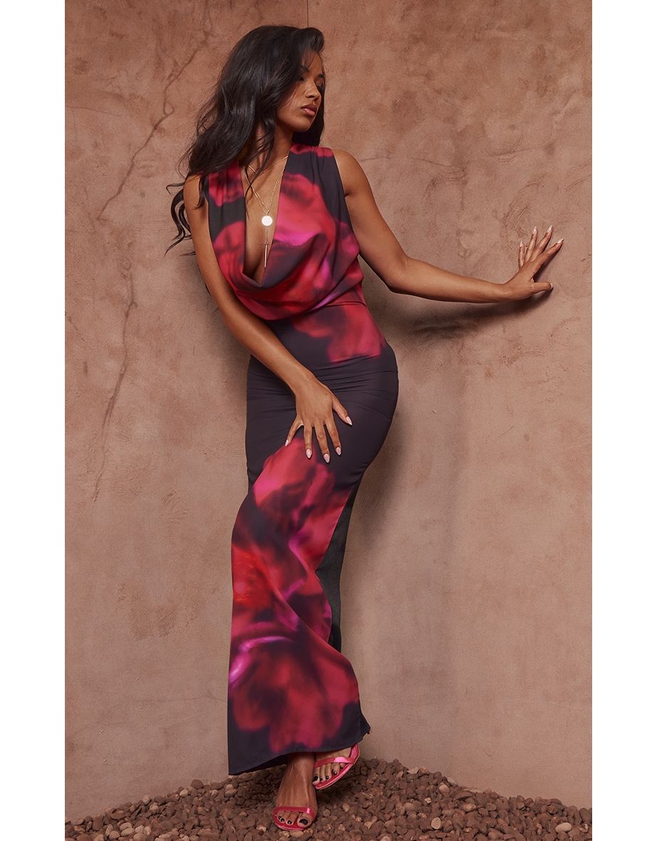 Shop Hot Pink Floral Printed Sheer Chiffon Cowl Neck Maxi Dress Online in Oman VogaCloset