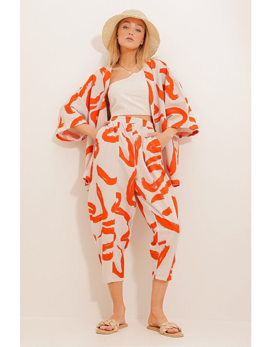 Women's Orange Patterned Baggy Pants And Kimono Set