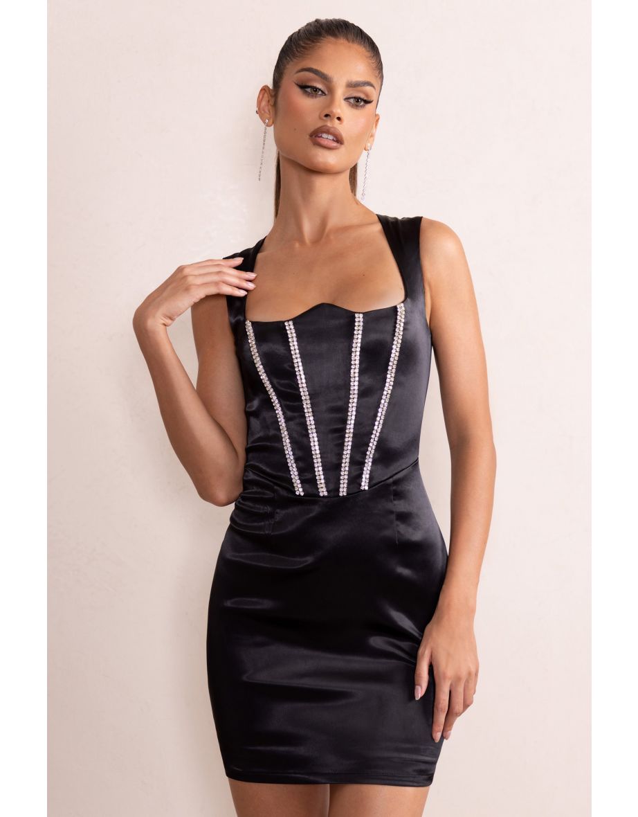 Elyse | Black Satin Reverse Sweetheart Neckline Corset Mini Dress With Diamante Detail - 3