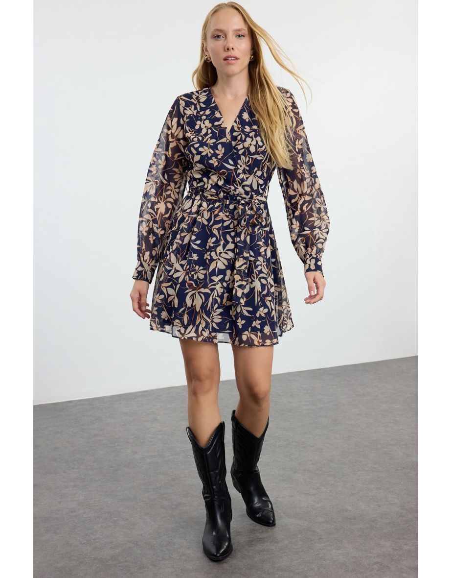 Multicolored Belted Floral Flounce Skirt Chiffon Mini Woven Dress