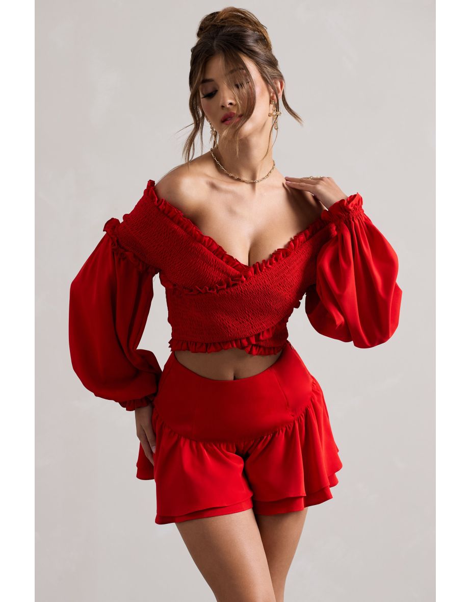 Salara | Red Ruched Bardot Top With Balloon Sleeves - 4
