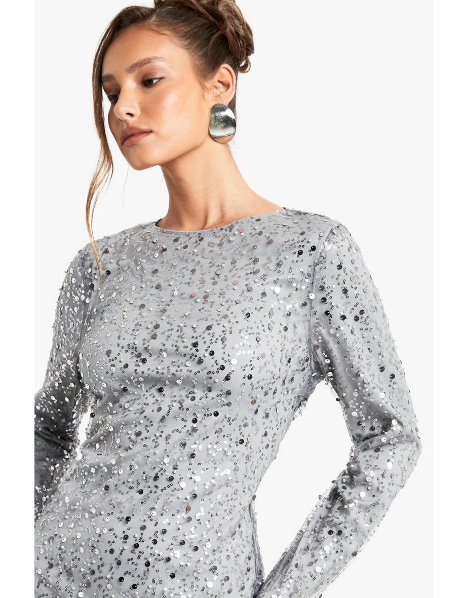 Long Sleeve Sequin Split Leg Maxi Dress - silver - 3