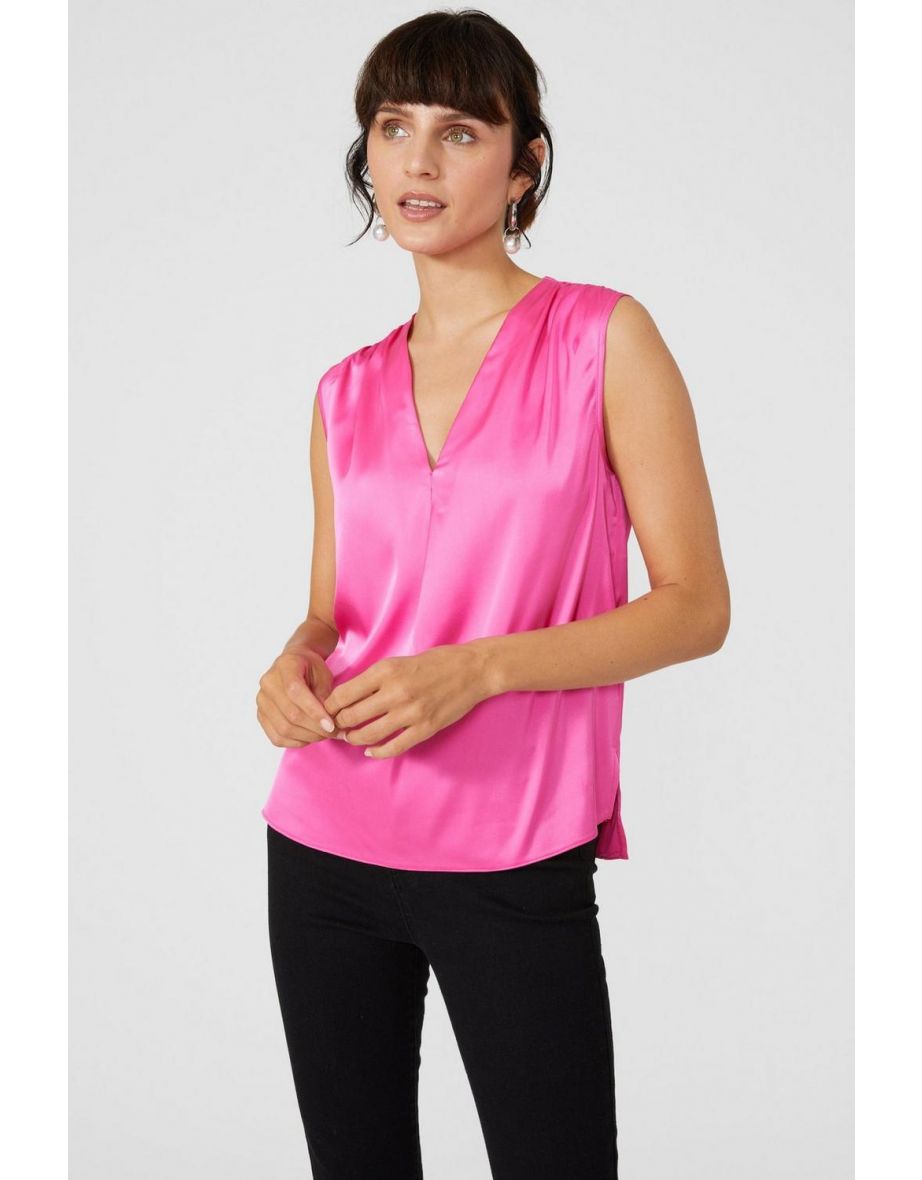 Satin V Neck Ruched Shoulder Top - pink