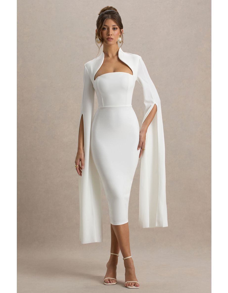 Linden | White Bodycon Cape-Sleeve Midi Dress