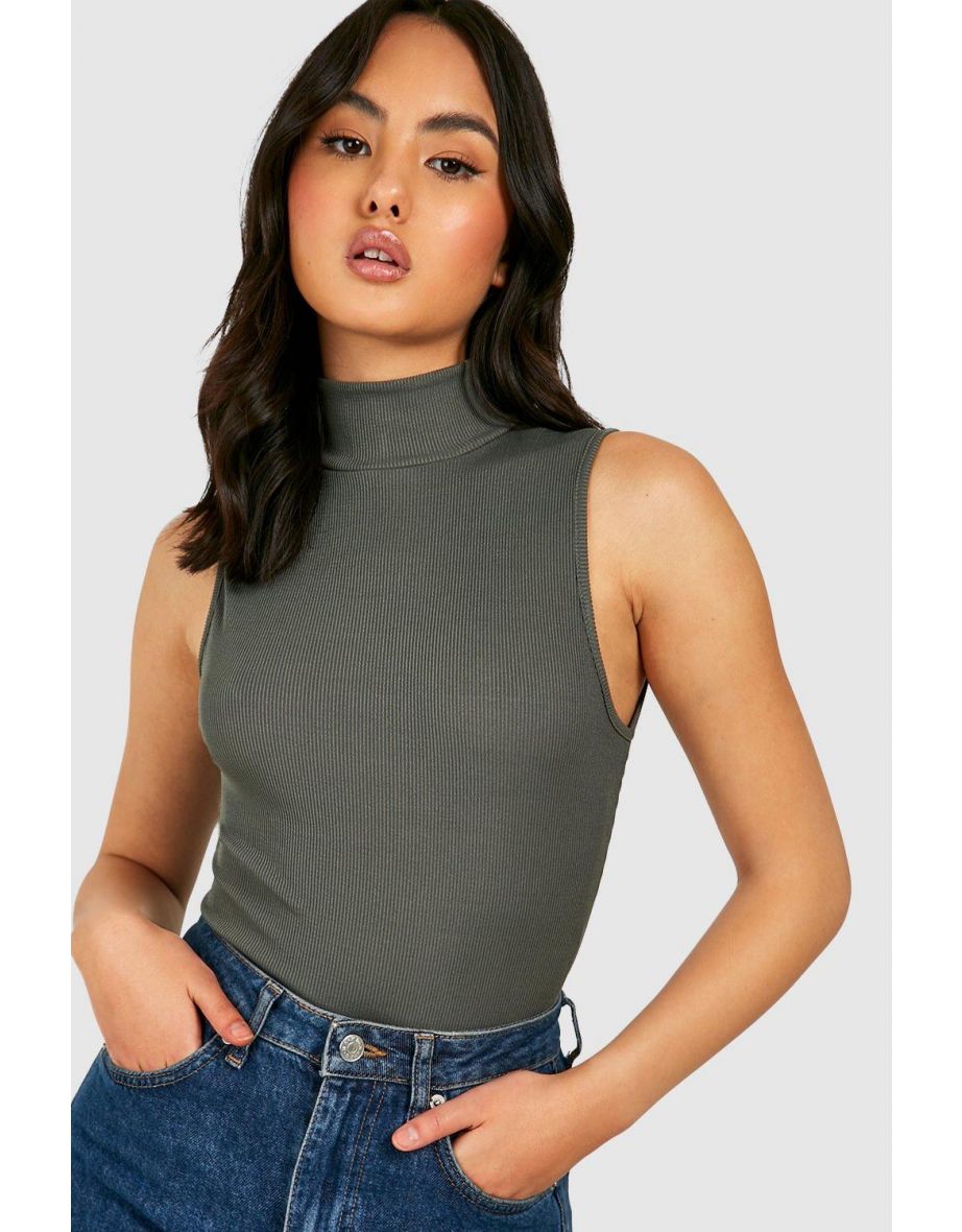 Buy MissPap Knitted Ribbed High Neck Top In Khaki