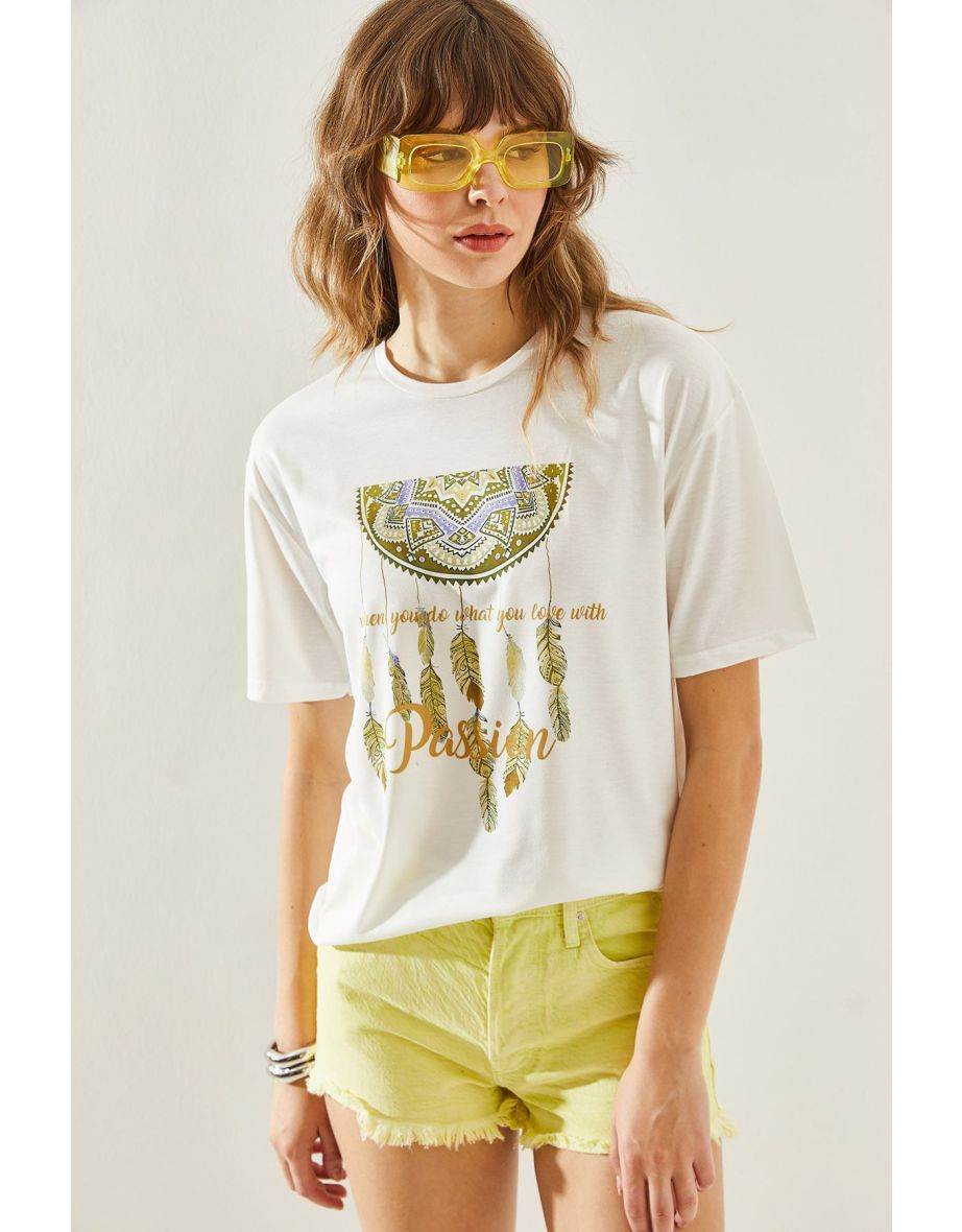 Women's Ethnic Patterned Basic Combed Cotton T-Shirt