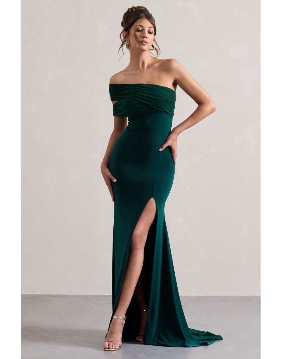 Fused | Bottle Green Asymmetric Bardot Split Floor Dress - 4