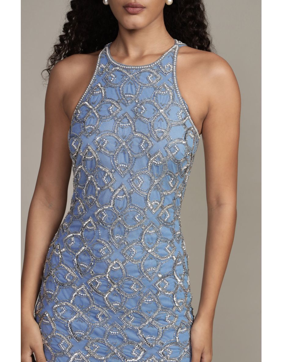 Maddox Embellished Floor Dress in Powder Blue - 7