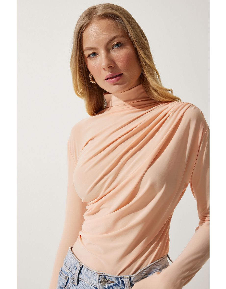 Women's Peach Gathered Detailed High Neck Sandy Blouse