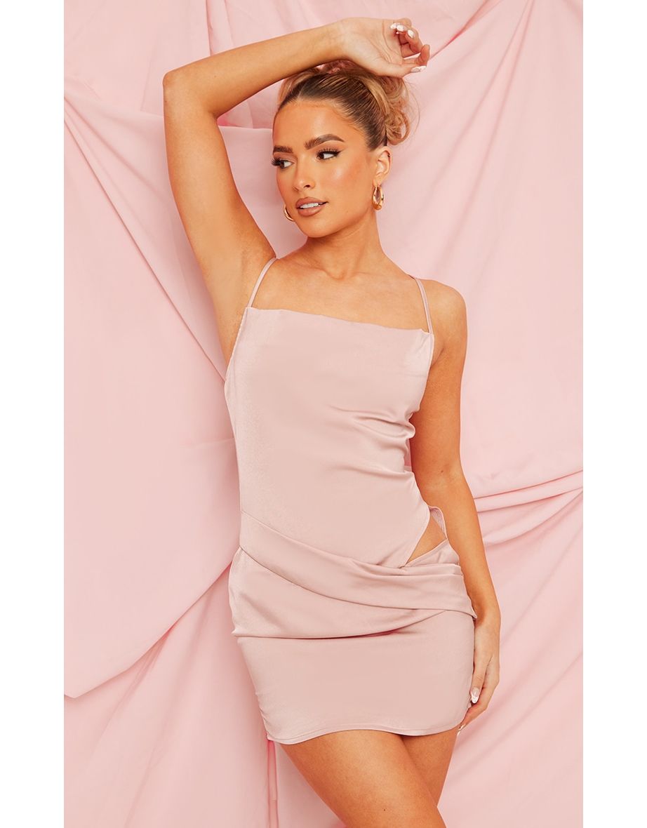 Shop Blush Satin Cowl Hip Cut Out Bodycon Dress Online in Saudi Arabia VogaCloset