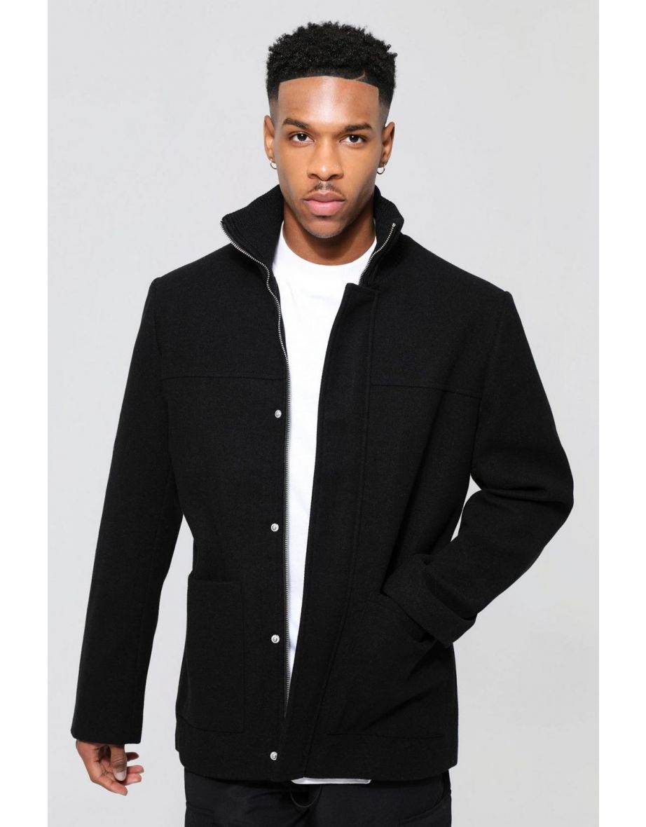 Wool Look Funnel Neck Jacket - black